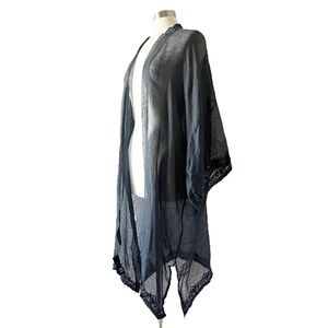 Eskandar Linen Silk Blend Sequined Trim Open Duster Kimono Size 1 Navy Boho